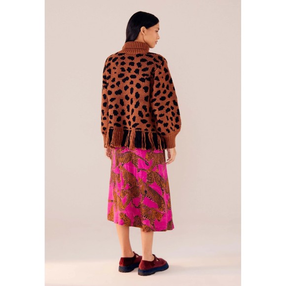 Farm Rio Leopard Fringe Sweater S Turtleneck Pullover Brown Black Knit Wool New - Picture 9 of 11